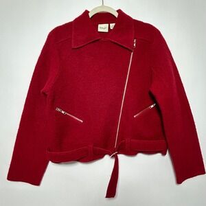 Kenji Womens Red 100% Boiled Wool Moto Jacket XL Belted Assymetric‎ Zip Pockets